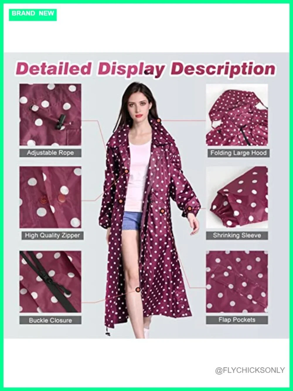 Women's Long Raincoat Waterproof Packable Hooded Windbreaker Lightweight